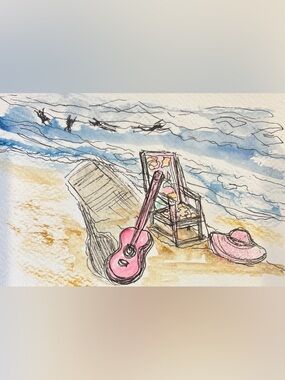 Original illustration, drawing ink and watercolor beach, whimsical art decor